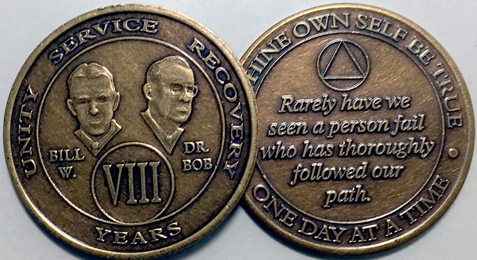 Alcoholics Anonymous AA Founders 4 Year Bronze Medallion Coin Chip Bill W & Bob 